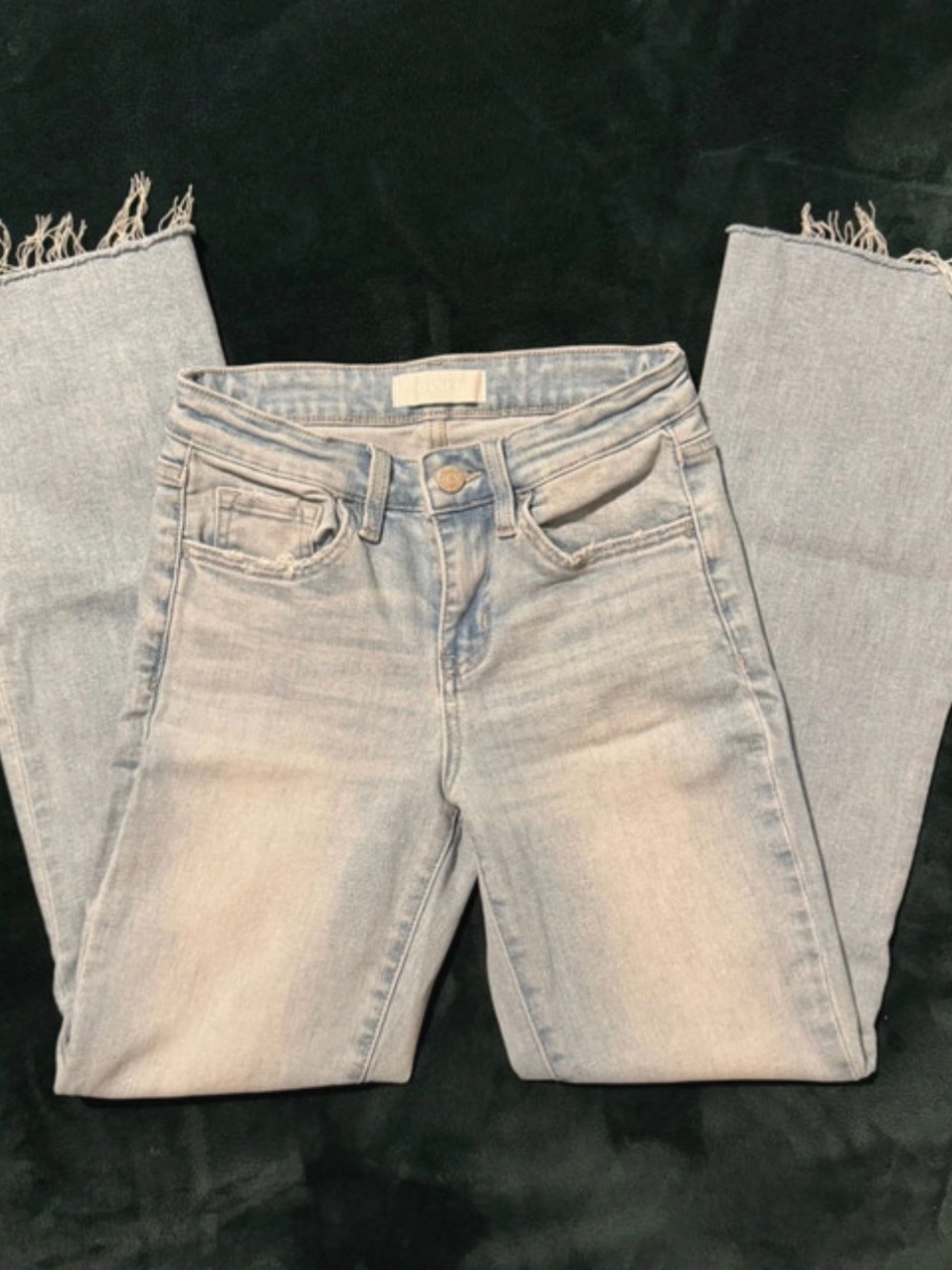 Vervet Cropped Light Wash High Rise Raw Hem Flare Jeans
